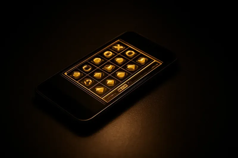 Premium Casino App Smartphone displaying premium casino game grid on dark textured surface