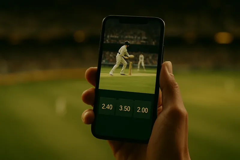 Hand holding smartphone showing live cricket match and real-time odds