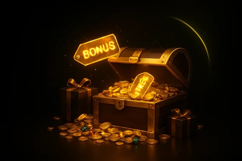 Golden treasure chest bursting with coins, gems, and bonus gifts