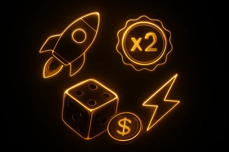 Glowing instant game icons with rocket, dice, coin, and lightning
