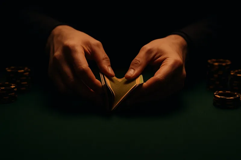 Close-up of dealer hands shuffling cards above green felt table